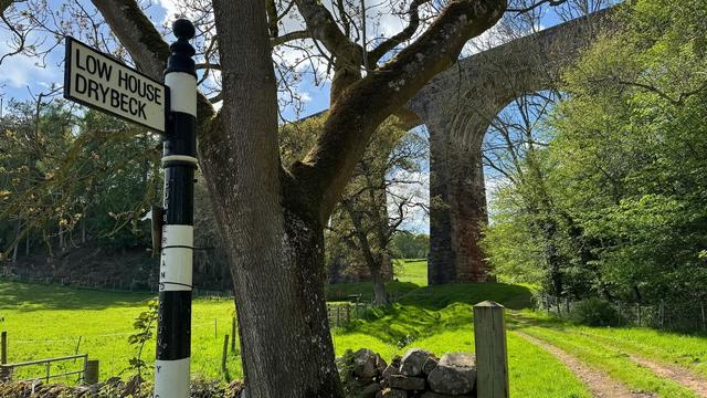 A smallish tree with only the trunk and lower branches. To the left of the tree is a fingerpost. The stem is painted in alternating black and white hoops. The finger is a white rectangle with a black border and black writing in capitals. It says ‘LOW HOUSE’ then DRYBECK’. Behind is an area of grass, vivid green in bright sunshine and surrounded by leafy trees and shrubs. There is a vehicle track making two rows of bare earth and there are lots of shadows. In the background there is an old stone railway viaduct with big, high arches. The sky is blue with white cloud.
