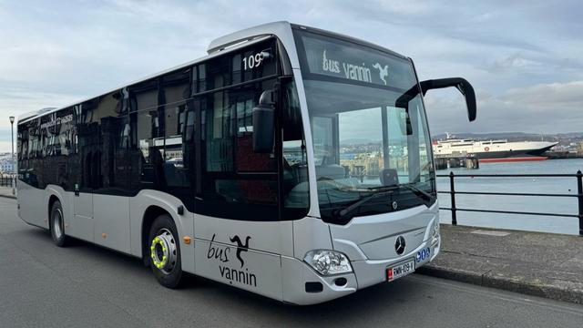 The image shows a modern silver bus parked along a waterfront road, facing forward with its front to the left. The bus has a silver body with black accents around the windows and a prominent side mirror on the driver's side. It is a Mercedes, as indicated by the logo on the grille. In the background to the right, a large ferry is docked at a harbour, with buildings further in the distance beneath a cloudy sky. The pavement and a metal railing run parallel to the road, separating it from the water.

Photo by Daimler Buses UK Ltd.