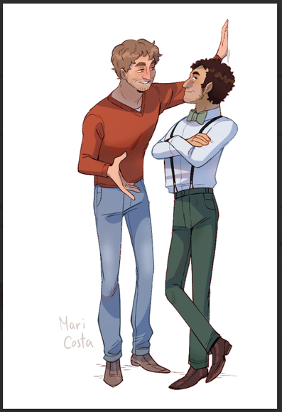 Laz has one hand on the wall above Eli's head and is gesturing with the other. He has brown hair and amber eyes and is wearing a burnt orange sweater and jeans. Eli has his arms crossed. He has curly dark hair, gray eyes, and a wry expression. He is wearing a green bowtie, a shirt with a collar, and greenish suit trousers with suspenders.