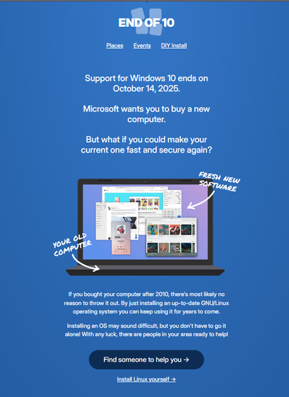 Screenshot from the website homepage explaining how they help you install Linux to escape Windows 11 and save you the trouble of upgrading or buying new computers to keep up with Windows "upgrade".