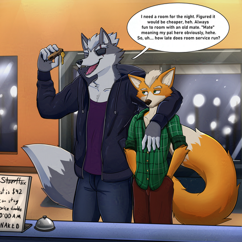 Fox McCloud and Wolf O'Donnell, two Star fox characters from the hit game Star Fox, check into a hotel. Wolf has a smile on his face as he's checking in, with his arm around Fox. Fox is giving Wolf a sternish look as his hands are in his pockets. I think Wolf is blowing this. Not that anything gay will happen later.