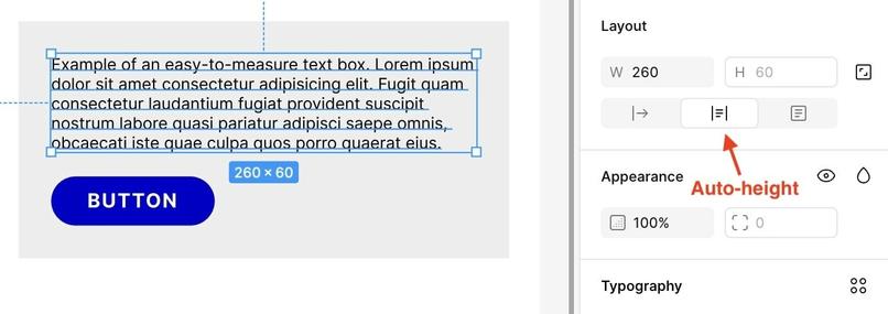Screenshot of the Figma interface showing the text box size setting "auto-height" that allows a more accurate measurement at the bottom of text boxes.