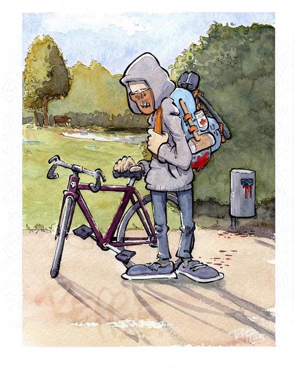 Cartoon style Inking of a psychopath with his fixie bike. Together, they make a cyclopath: a guy with a hoodie and a Hannibal Lector style face mask. Strapped to his rucksack are a hammer and a pair of pincers. Blood is seeping through the bottom of the rucksack.