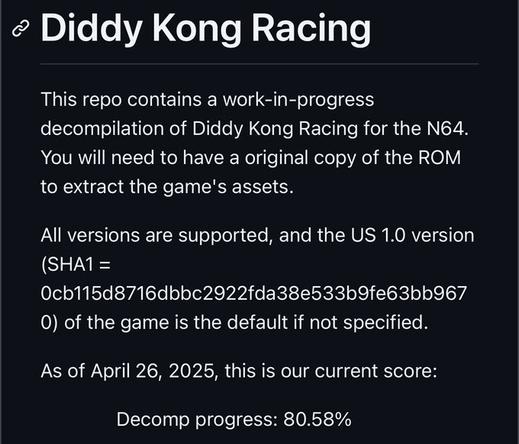 Developer ReCollect64's decompilation project to bring Diddy Kong Racing to PC is 80% complete.