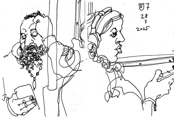 Pen drawing of travelers in an u-train: a bearded man and a woman.