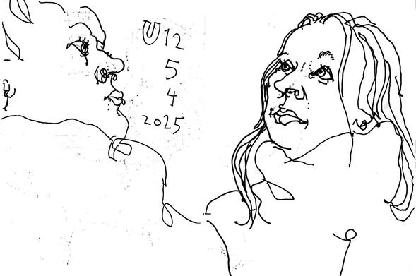 Pen drawing of travelers in an u-train: two women, talking.