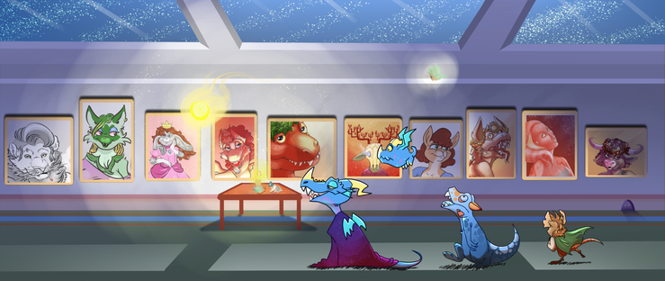 Digital art of four characters, a blue kobold wearing a purple robe, a small blob like dradon in flight, a second kobold staring out the windows above him, and a mouse, walking thru a hallway. They go past a series of paintings hung on the wall.