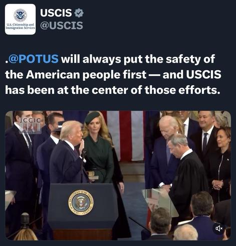 A political event featuring Trump, speaking at a podium with the presidential seal. Around him are several individuals, including a woman in a green outfit and others in formal attire. The background includes the American flag, and the text discusses America 1st: