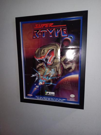 A frame holding a Super R-Type poster. Super R-Type is a horizontal space shooter for Super Nintendo. It was one of my favorites at the time. 
The poster depicts some sort of alien thing.