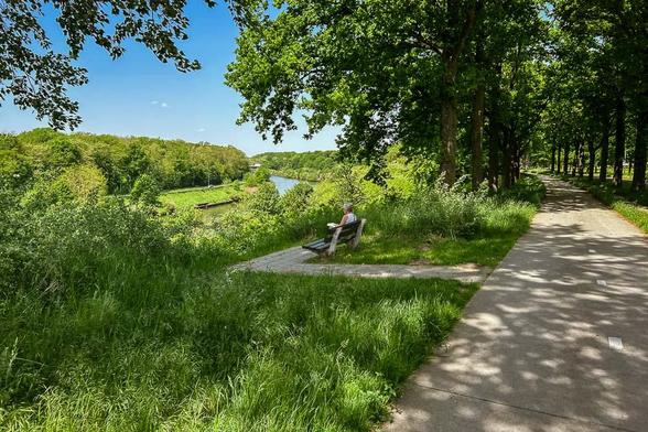 Das Bild zeigt eine ruhige Parklandschaft mit einem gepflasterten Weg, der von Bäumen gesäumt ist. Auf der linken Seite des Weges befindet sich ein Parkplatz mit einer Holzbank, auf der ein älterer Mann sitzt und in die Ferne blickt. Der Weg führt durch eine grüne Umgebung mit hohen Gräsern und Bäumen, die Schatten auf den Weg werfen. Im Hintergrund ist ein Fluss zu sehen, der sich durch das grüne Gelände schlängelt. Der Himmel ist blau mit wenigen Wolken, was auf einen sonnigen Tag hinweist. Die Szene vermittelt ein Gefühl von Frieden und Entspannung.