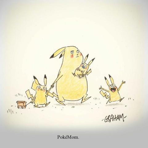 A cartoon illustration of a fed up looking Pikachu Mom with her three children walking along a path. Caption reads "PokeMom."