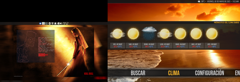 Captura de un escritorio XFCE/Linux extendido a dos monitores, del lado izquierdo hay un panel superior, el fondo de escritorio es un arte de la película Kill Bill, con algo que parece un incendio difuminado del amarillo intenso al negro en último plano, al frente a la derecha, se ve a la protagonista vestida de novia, de espaldas, girada levemente hacia la izquierda, quedando su rostro de perfil, mirando hacia ese lado, donde una ventana sin bordes muestra la salida de fastfetch en letras blancas sobre fondo negro semitransparente, Bart Simpson aparece como logo dibujado en ascii art en color rojo, en su típica pose mostrando el trasero. En el monitor de la derecha, más grande, se ve la aplicación Kodi a pantalla completa, con el tema ambar, que muestra la sección del clima con la foto de un amanecer en la playa, en tonos ámbar.