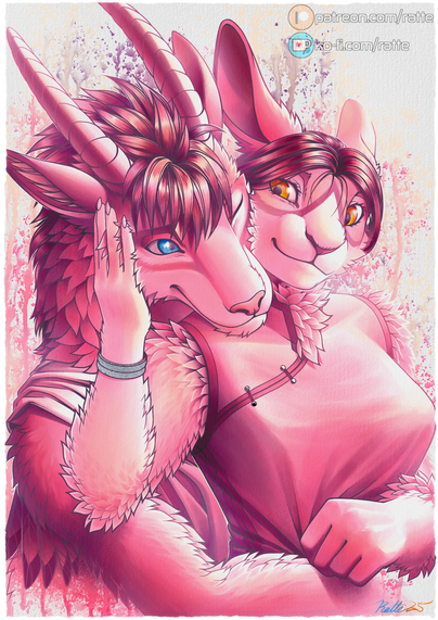 A male anthropomorphic character embraces a female anthropomorphic rabbit from behind with a smile.