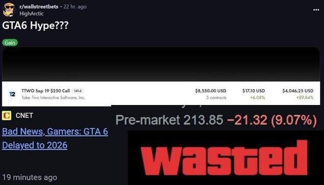 Guy buys TTWO calls, less than 24 hours later GTA 6 is delayed to 2026