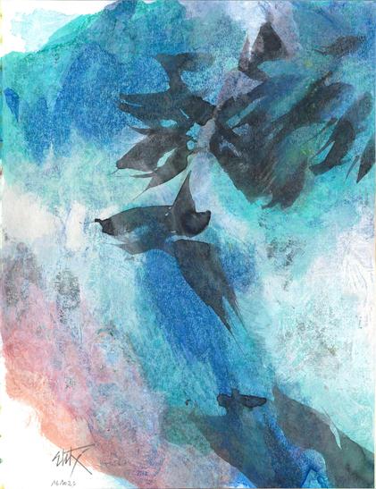 Peinture abstraite au format portrait; Ensemble de couleurs pastel, une forme en deux tons de bleu en forme de T, une autre en diagonale à son pied en rouge et orange. Par dessus le bleu, des touches noires ajoutent des détails (feuilles ?)