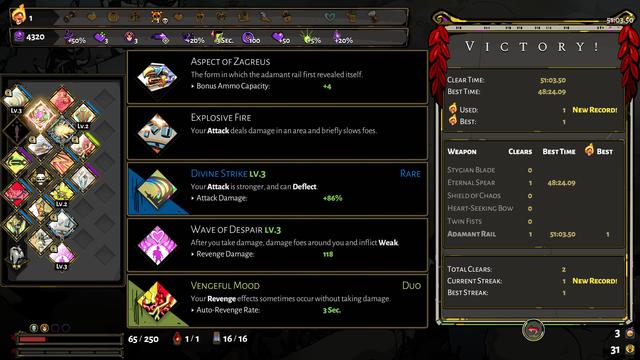 Screenshot of the summary of my second successful escape. It lists the permanent upgrades I had, the Olympian boons I picked during the run, my clear time (51:03.50 minutes), my weapon, and several other things.