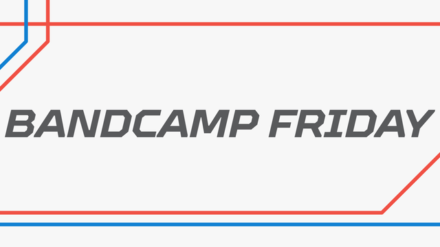 The text says Bandcamp Friday. The text is dark grey and the background is white. There are red and blue lines around the text.