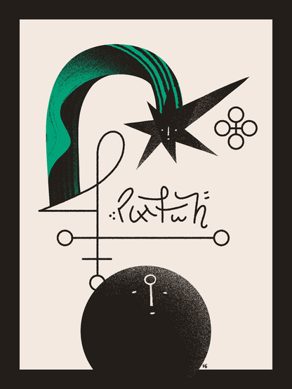 A black moon gazes upwards toward a falling star with a green trail. Asemic writing and sigils are found between them and connecting them.