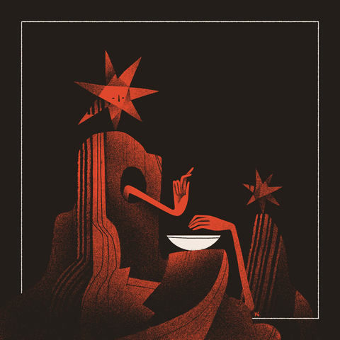 Two red mountain-like figures topped with crystalline stars surround a white offering vessel. The foreground figure holds their hands ritualistically over the bowl.