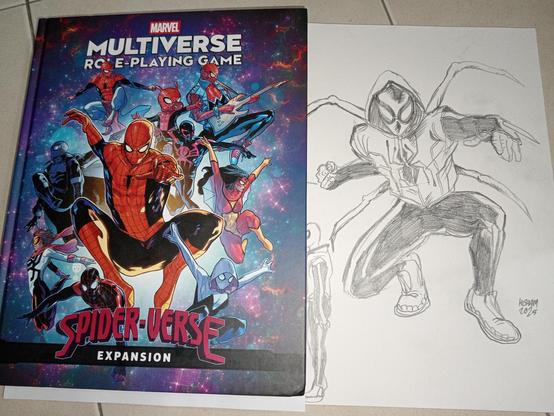 Marvel Multiverse RPG Spider-verse Expansion beside the pencil sketch of Silver Arachnid, my son's character.