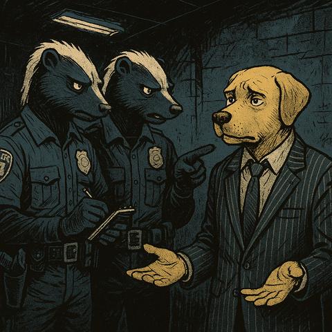 Two skunk police officers are questioning a labrador in a pinstripe suit. Adult comic book style.