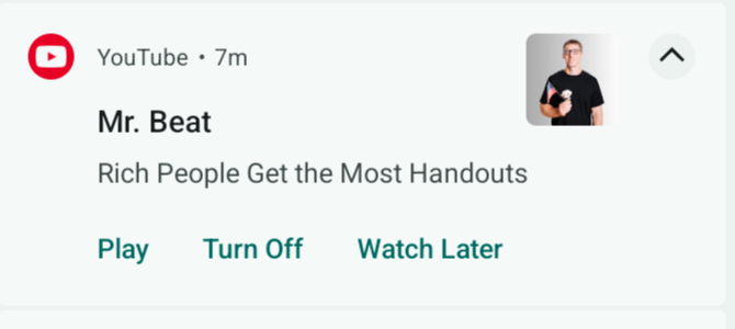 YouTube notification with an update from the Mr. Beat channel with the video title: "Rich People Get the Most Handouts"