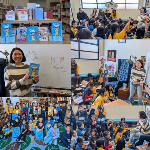 Multiple pictures of author Vicky Fang with children sitting while listening to her storytime, and drawing together.