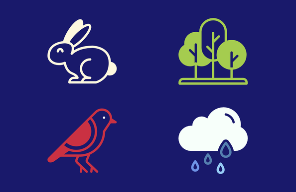 Four vector icons: a cream-coloured rabbit, green trees, a crimson bird with a white eye, and a silver cloud with raindrops in different shades of blue