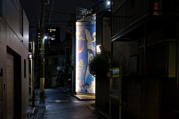 A narrow, illuminated alleyway at night features a large mural of a whale on a building. Surrounding structures are dark, with some ambient lighting from streetlamps and the mural itself. Puddles reflect the light, adding to the nighttime ambiance