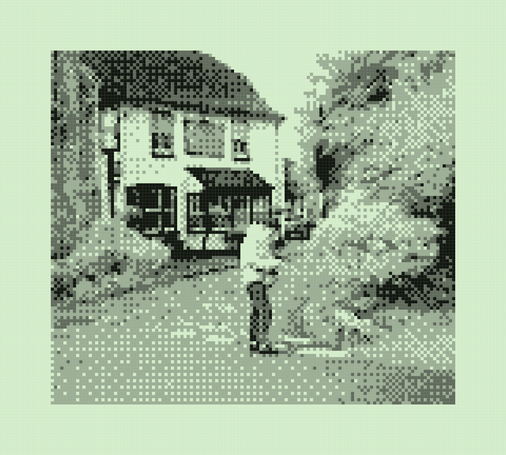 Photo of an old English pub in the countryside, surrounded by trees, with a person standing in a street passing the building, highly pixelated