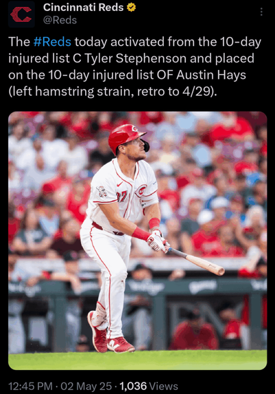 [Reds] Stephenson activated, Hays to 10-day IL retro to 4/29