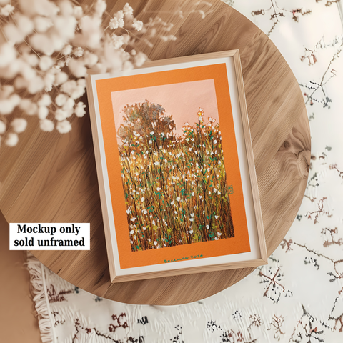 A drawing of a flower meadow in autumn. There are tall white flowers in the foreground and trees in the background, all under a peachy coloured sky.
An original art work
Colour pencil and mixed media on acid free toned artist paper
5 by 7 inches (12.7 by 17.8 cm).
Sold unframed