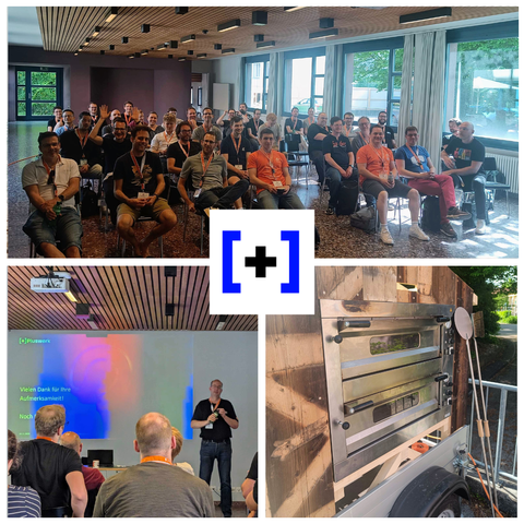 Collage with three pictures from TYPO3camp Switzerland 2025: Above, a group photo of the participants in a bright room with TYPO3 lanyards. Below left, Jens Krumm from +Pluswerk holds a session on accessibility. Below right, a mobile pizza oven with wood panelling - ready for the evening.