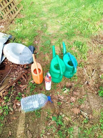 Fire fighting equipment. A small 1kg powder extinguisher, three garden watering jugs full of water and an empty 5l plastic bottle.