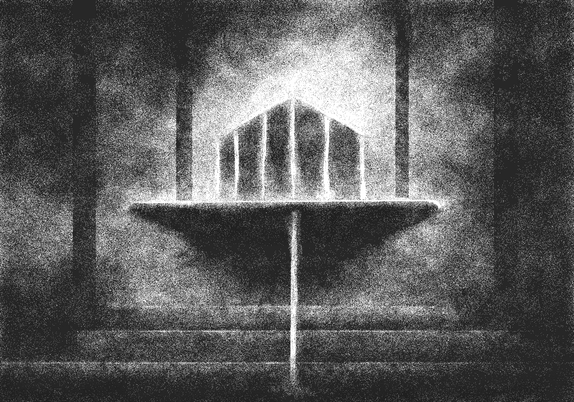MsPaint black and white landscape depicting a foggy surreal temple with a concrete shape in the middle.
