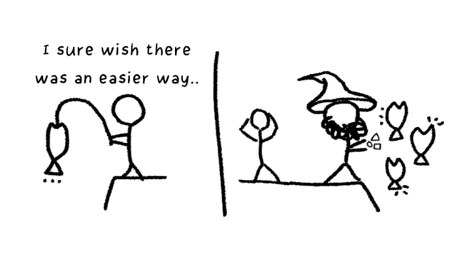 The image is a two-panel cartoon. In the first panel, a stick figure is holding a fishing rod with a fish at the end, and the text above reads, "I sure wish there was an easier way..." The stick figure appears to be struggling with the fishing rod. In the second panel, a different stick figure wearing a wizard hat is casting a spell, with several fish appearing magically around them. The stick figure in the first panel looks surprised and is raising their hands in disbelief. The background is plain white, and the drawing style is simple and cartoonish.

Provided by @altbot, generated privately and locally using Ovis2-8B