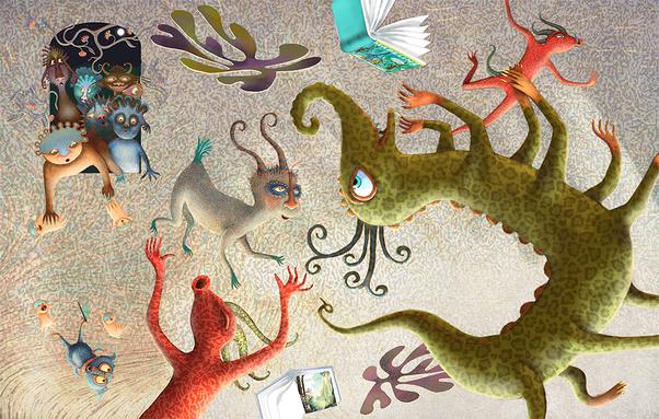 Against a light-filled, textured background, multiple monsters of all shapes and sizes gleefully leap into an open space and fly, float and fall. :-)