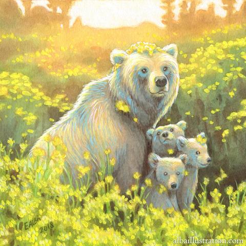 Painting of a mother bear and three bear cubs sitting in a field of flowers.