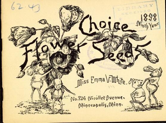 The image is a vintage advertisement for "Choice Flower Seeds" by Miss Emma V. Norwhite, dated 1898. The background is a light beige color, with the text "Choice Flower Seeds" prominently displayed in a stylized, black font. Below the text, there is an illustration of a large flower with several buds and leaves, surrounded by four small, whimsical figures that resemble fairies or gnomes. The figures are drawn in a cartoonish style, with exaggerated features and clothing. The text "Miss Emma V. Norwhite" is written in a smaller font, followed by the address "No. 824 Nicollet Avenue, Minneapolis, Minn." A library stamp in the top right corner indicates the year "1898" and "Ninth Year." The overall style of the image is reminiscent of late 19th-century advertising, with a focus on nature and fantasy elements.

Provided by @altbot, generated privately and locally using Ovis2-8B