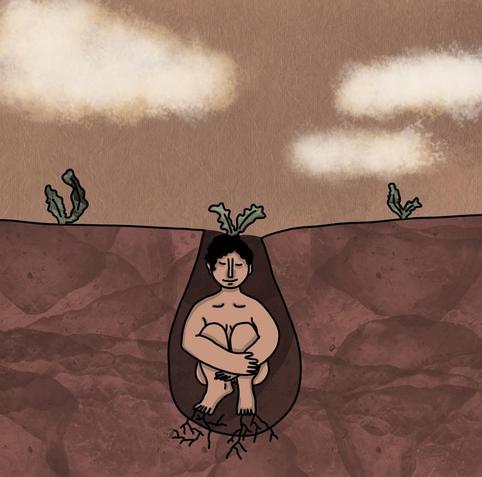 Une personne qui pousse dans la terre avec des racines aux pieds et des feuilles sur la tête, en surface. Ambiance marron