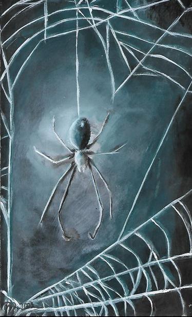 a spider hanging with blue, white and black colours giving a nice old fashioned and dark theme. it is acryclic painting in thick paper.

Description by artpal.com