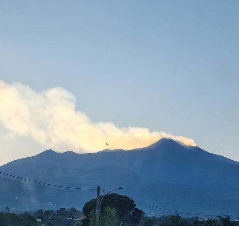 Etna al tramonto col fumo che si tinge di oro e arancio, mentre un aquilotto sorvola la zona