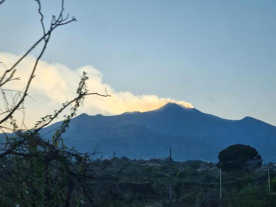 Etna al tramonto col fumo che si tinge di oro e arancio e qualche ramo in primo piano