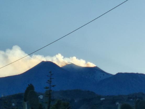 Etna al tramonto col fumo che si tinge di oro e arancio e qualche albero in ombra in primo piano