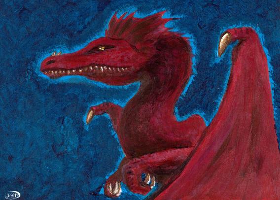 Painting of a red dragon on a blue background.