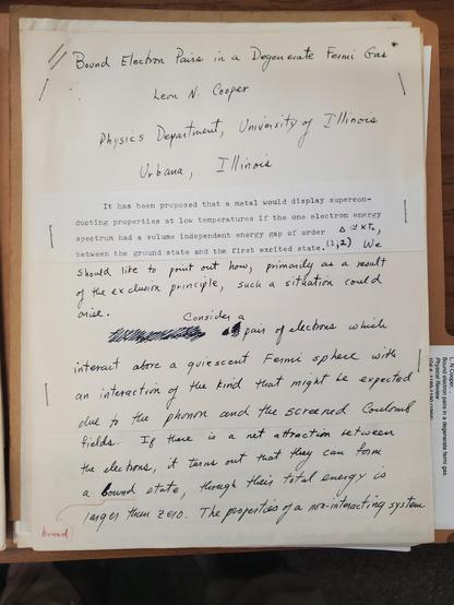 The first page of a manuscript describing the mechanism of superconductivity. It is partially typed, but mostly handwritten. There are a few words crossed off and others inserted.