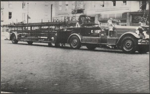Printed monochrome postcard showing a view of the F.D.N.Y. Seagrave 85' Spring Hoist Aerial Ladder of the Hook & Ladder Comapny 21 of 1937.

Published by Raum Printing, Philadelphia PA, not numbered, 1984.

Postally unused.

Excellent condition, with minimal corner bumps.