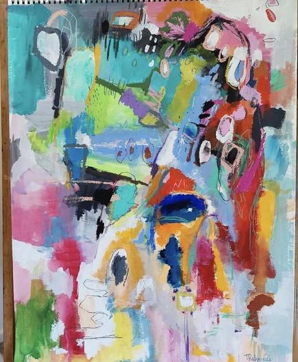 A vibrant painting of multicolor abstract shapes and brush strokes in gouache.