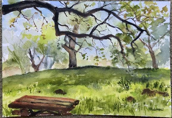 A watercolor of a park in spring with green grasses, a park table and bench, twisty oak trees and new leaves on the trees.