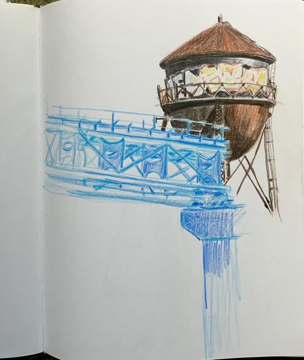 A pencil sketch in color of an urban water tower with graffiti and blue rail tracks in front for a SF Bay Area BART train system.